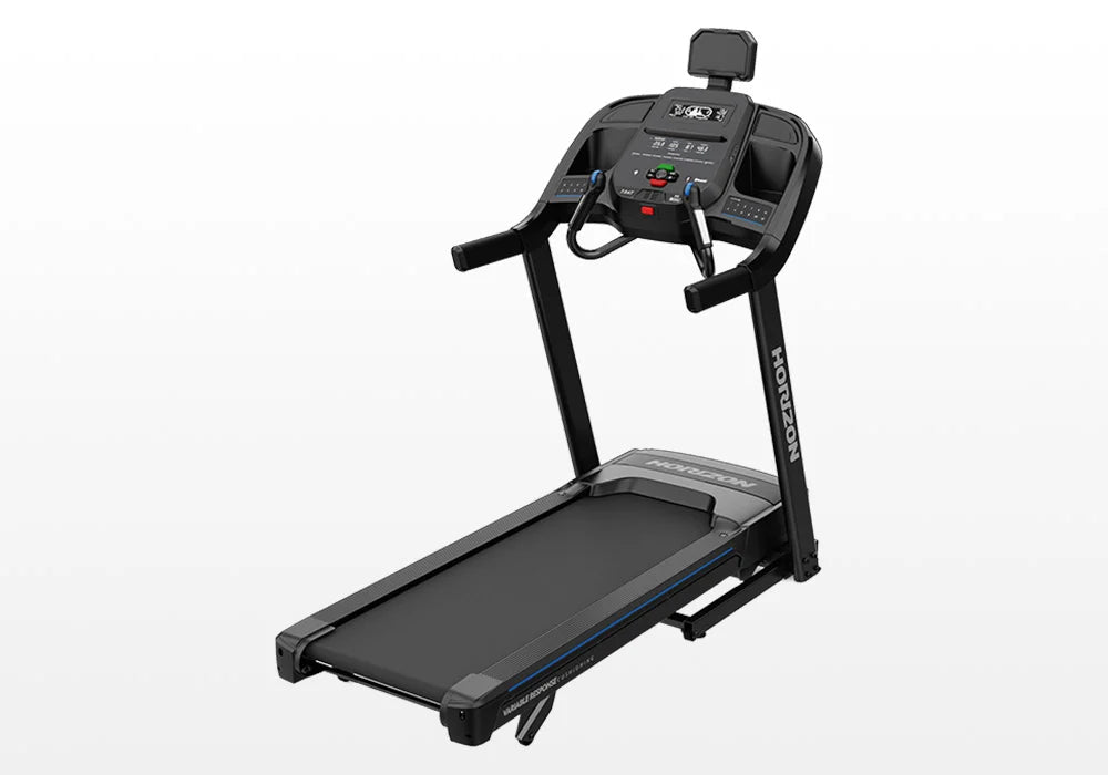 Horizon electric treadmill in a modern home gym setup